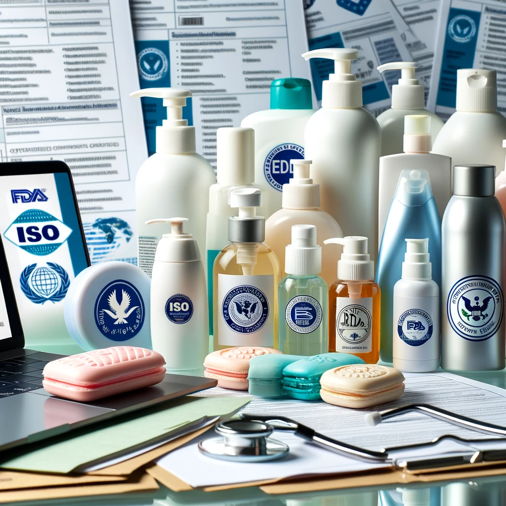 Produtos de higiene com certificações ISO e FDA sobre uma superfície clara.