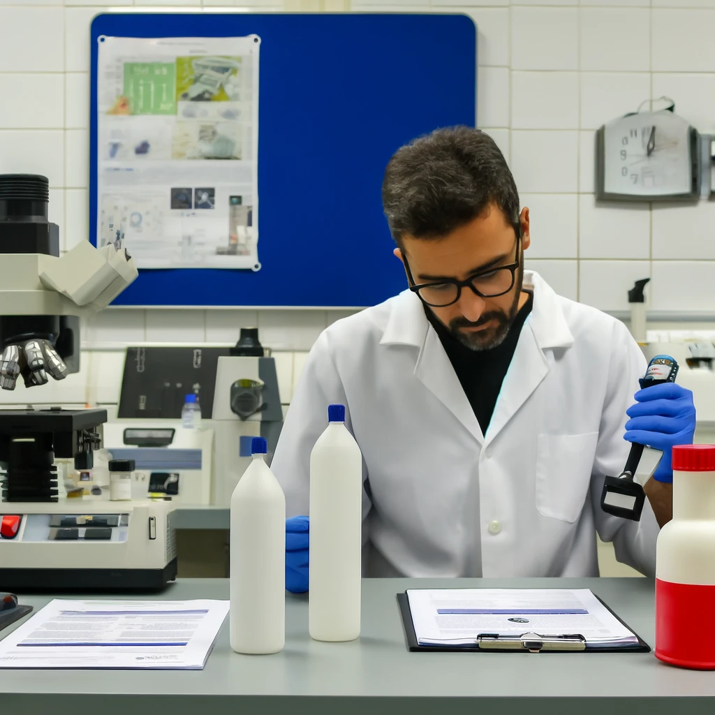 Técnico verificando a conformidade de produtos de limpeza com certificações