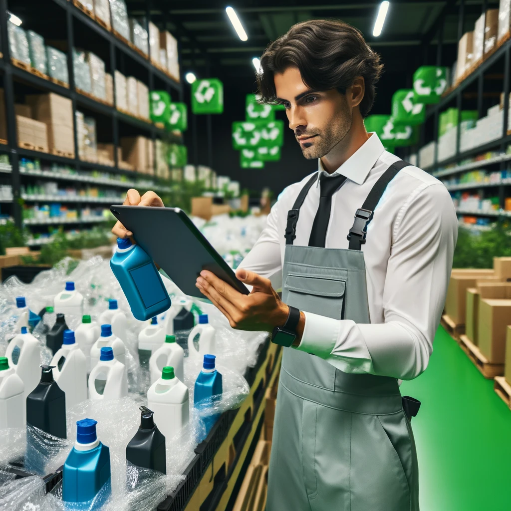 Especialista verifica embalagens sustentáveis de produtos de limpeza