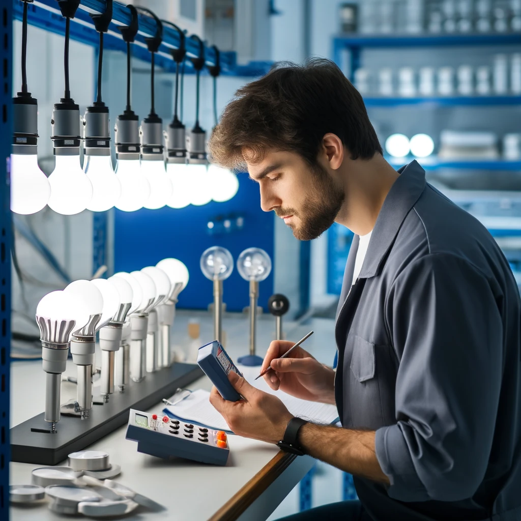 Engenheiro testando a certificação de lâmpadas LED