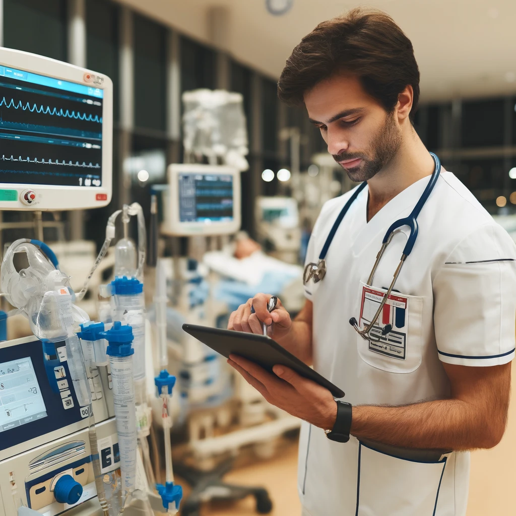 Engenheiro biomédico inspecionando equipamentos médicos em hospital