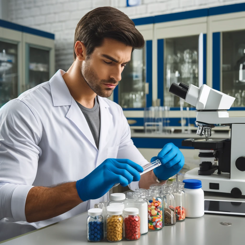 Nutricionista esportivo verificando suplementos em laboratório