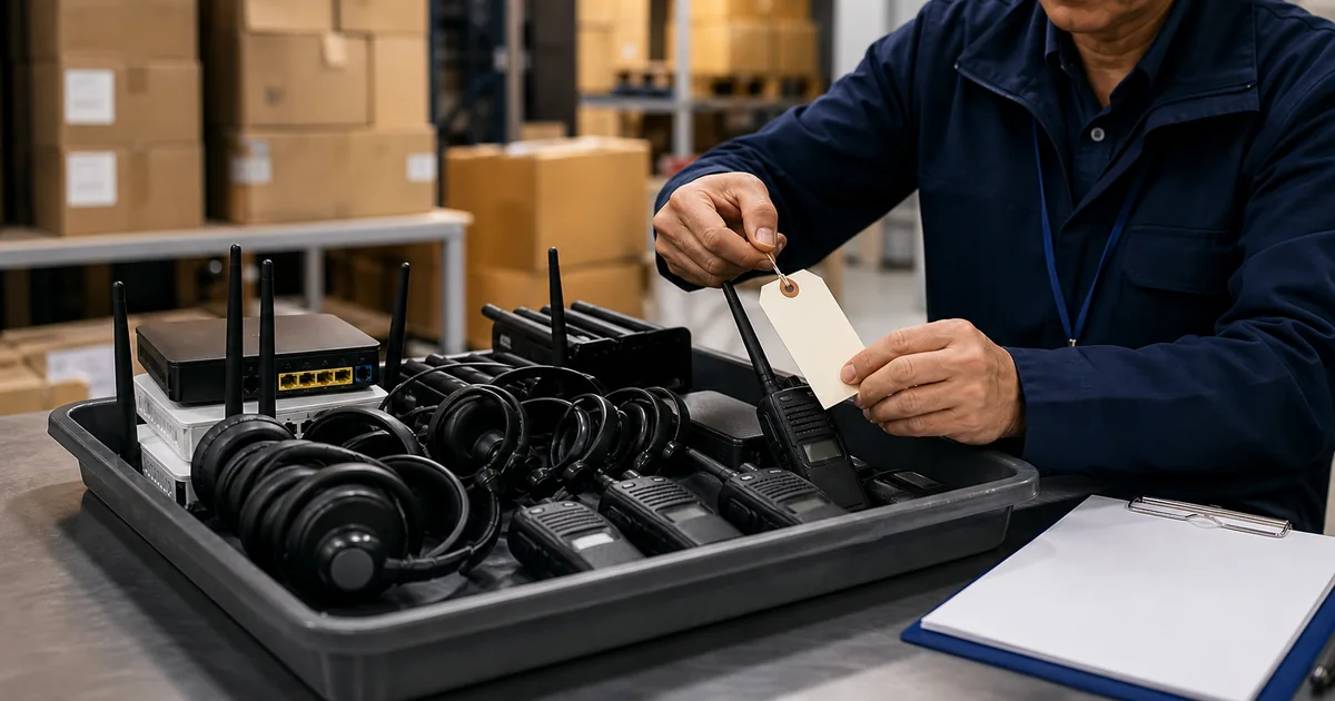 Equipamentos de telecomunicações organizados para inspeção em ambiente de armazém
