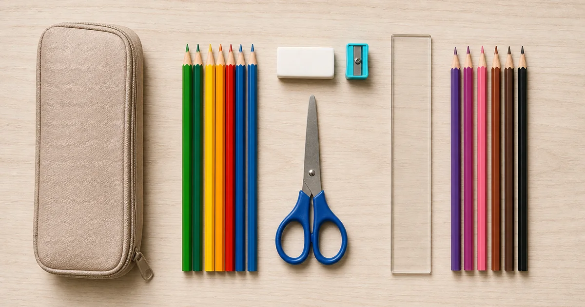Artigos escolares organizados sobre uma mesa para avaliação da conformidade