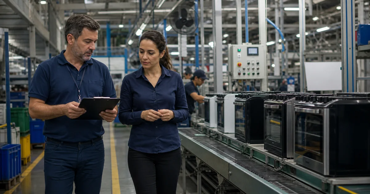 Auditor e responsável da qualidade avaliando linha de produção de eletrodomésticos