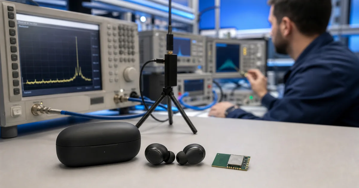Engenheiro testando dispositivos Bluetooth LE Audio em bancada de radiofrequência