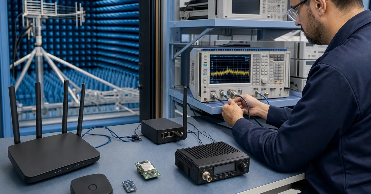 Técnico realizando ensaios de radiocomunicação para categoria II da ANATEL