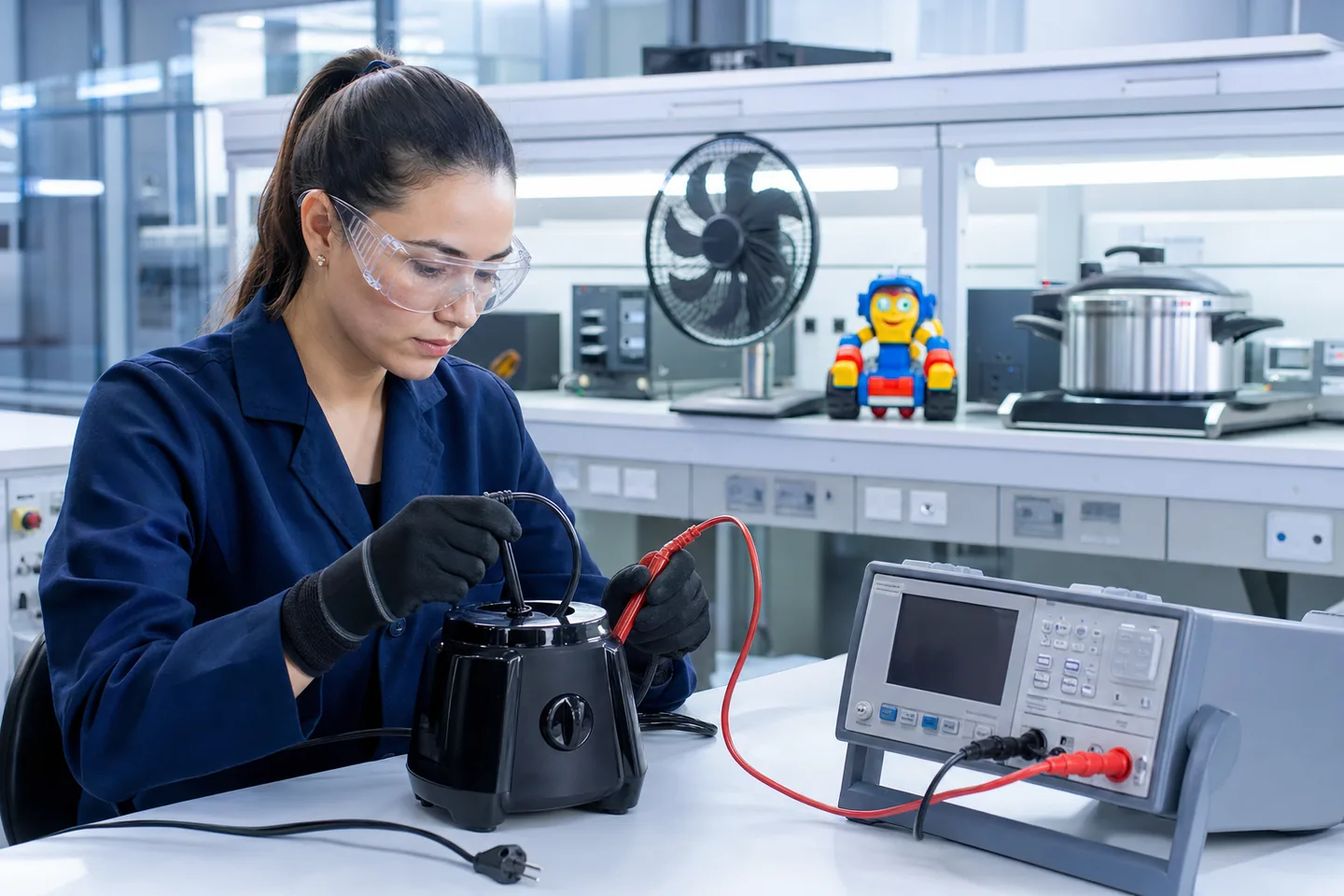 Engenheira realizando ensaio de segurança elétrica para certificação INMETRO de produtos