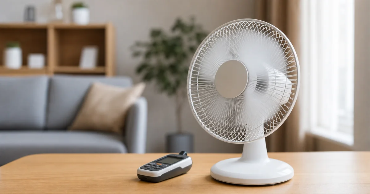 Ventilador de mesa em funcionamento durante verificação técnica