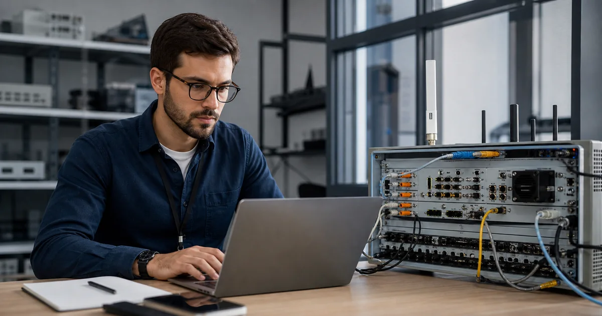 Especialista conferindo documentação técnica de equipamento de telecomunicações