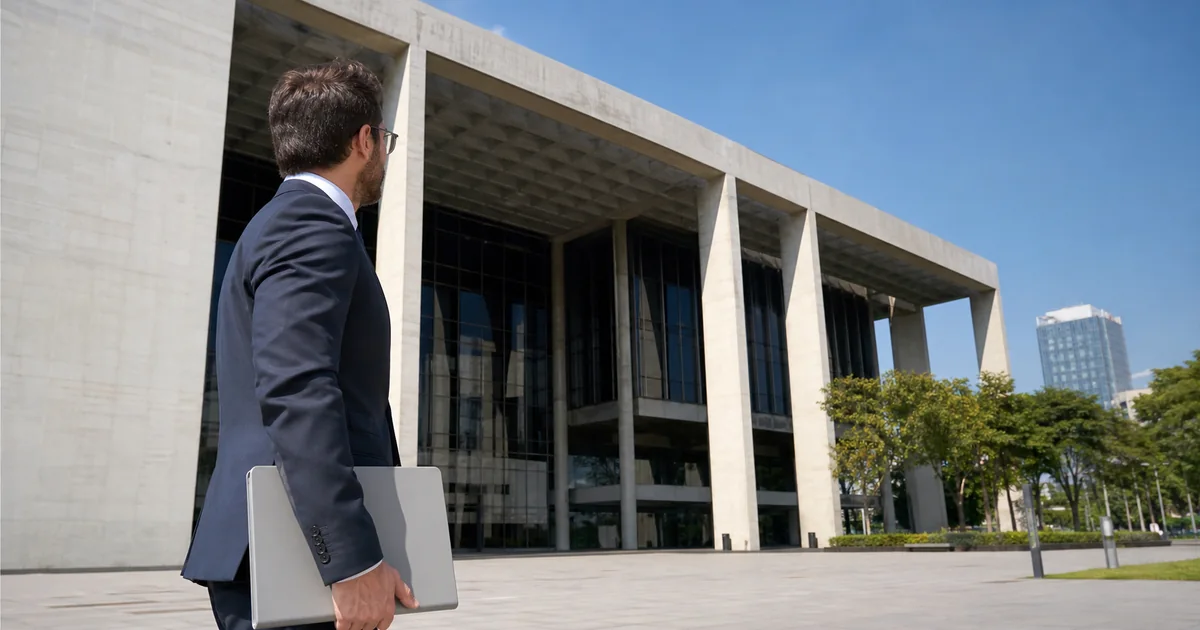 Profissional diante de edifício institucional relacionado à acreditação