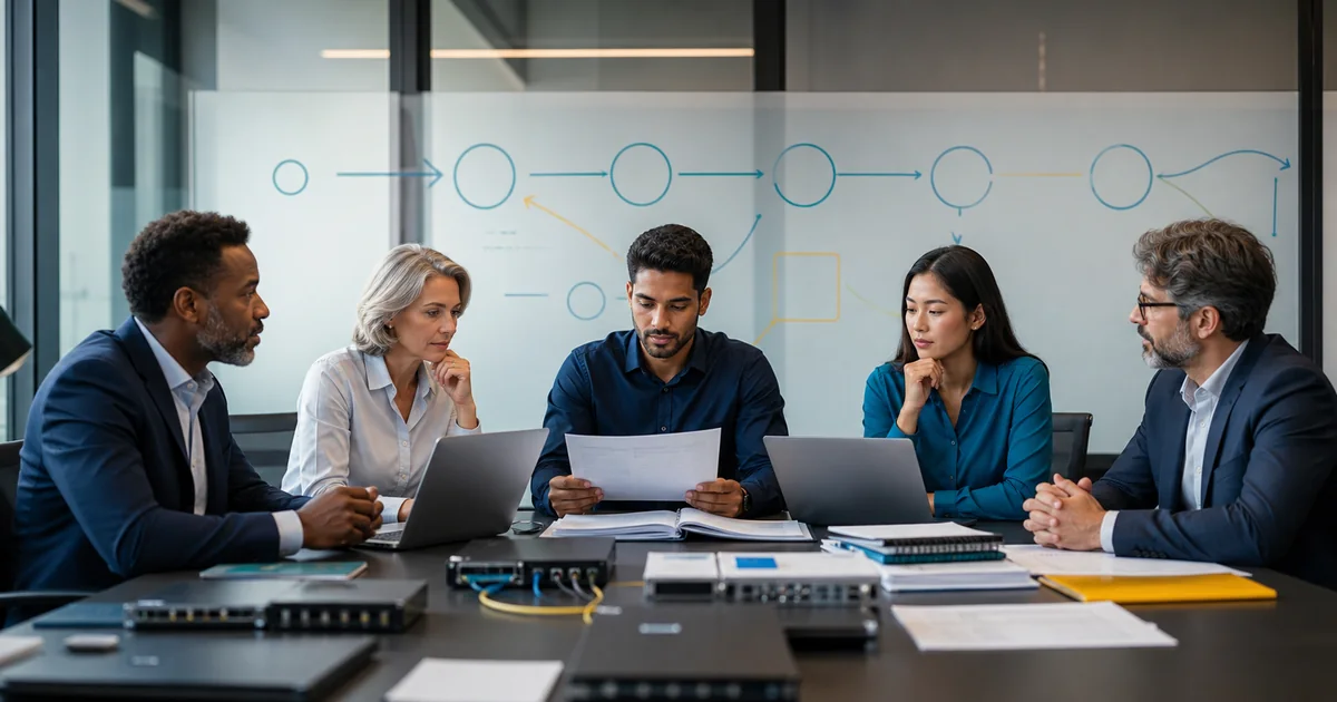 Equipe de organismo de certificação revisando escopo e critérios de designação