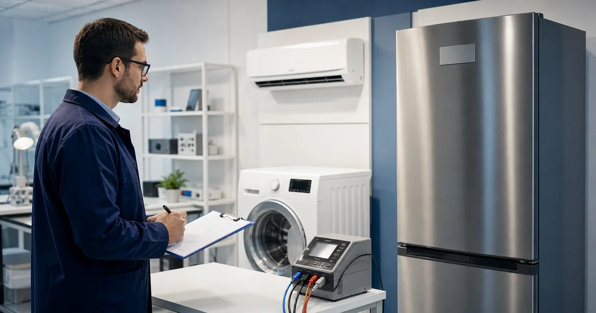 Profissional avaliando o consumo de energia de eletrodomésticos em ambiente de ensaio