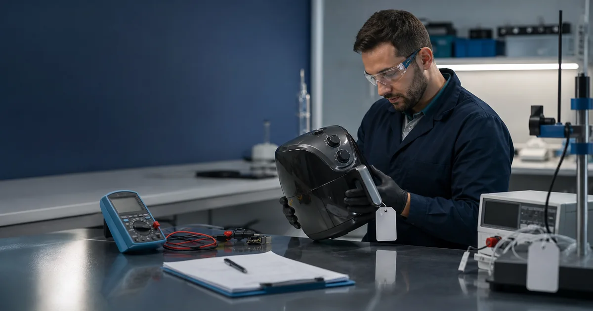 Técnico coletando amostra de eletrodoméstico para ensaio de tipo INMETRO