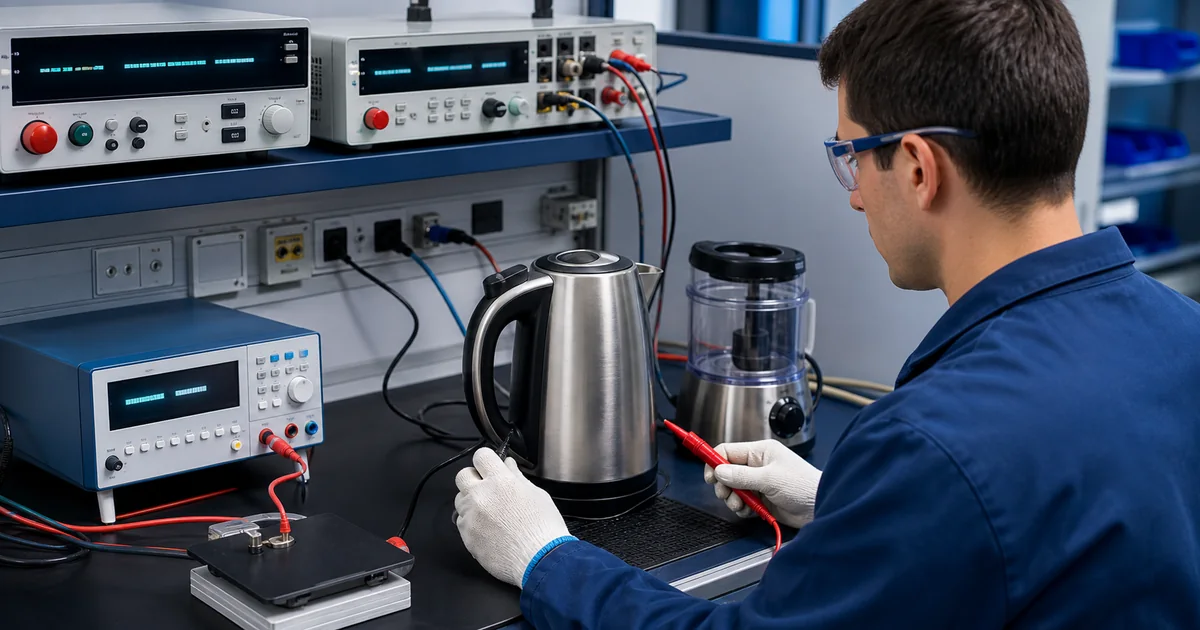 Técnico realizando ensaios de segurança elétrica em eletrodoméstico