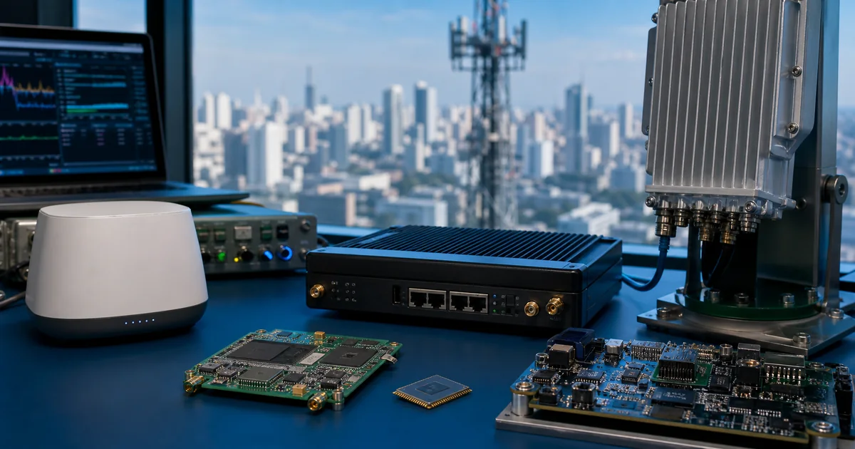 CPE 5G, chipset, módulo IoT e infraestrutura de rádio em bancada técnica