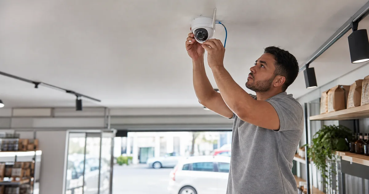 Instalador ajustando câmera IP com conectividade Wi-Fi e cabo de rede