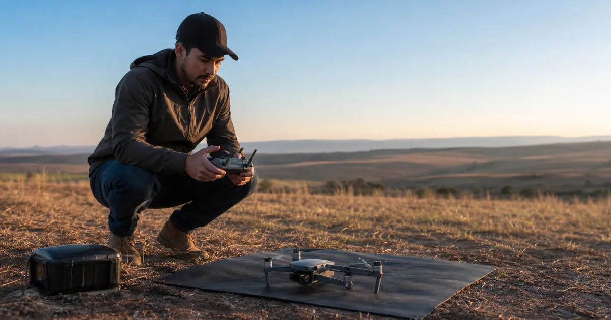 Operador preparando drone e controle remoto para operação em campo aberto