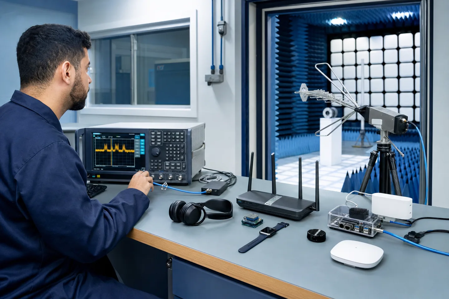 Engenheiro realizando ensaio de radiofrequência em dispositivos sem fio para homologação ANATEL