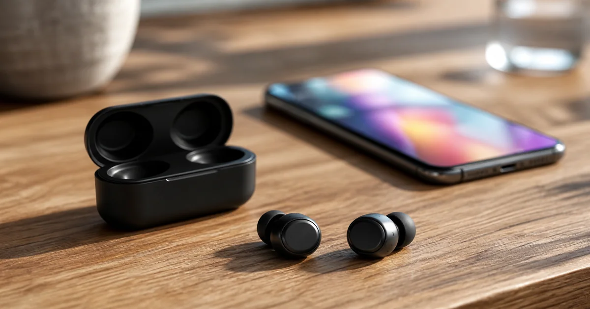 Fones Bluetooth sem fio e estojo próximos a um smartphone
