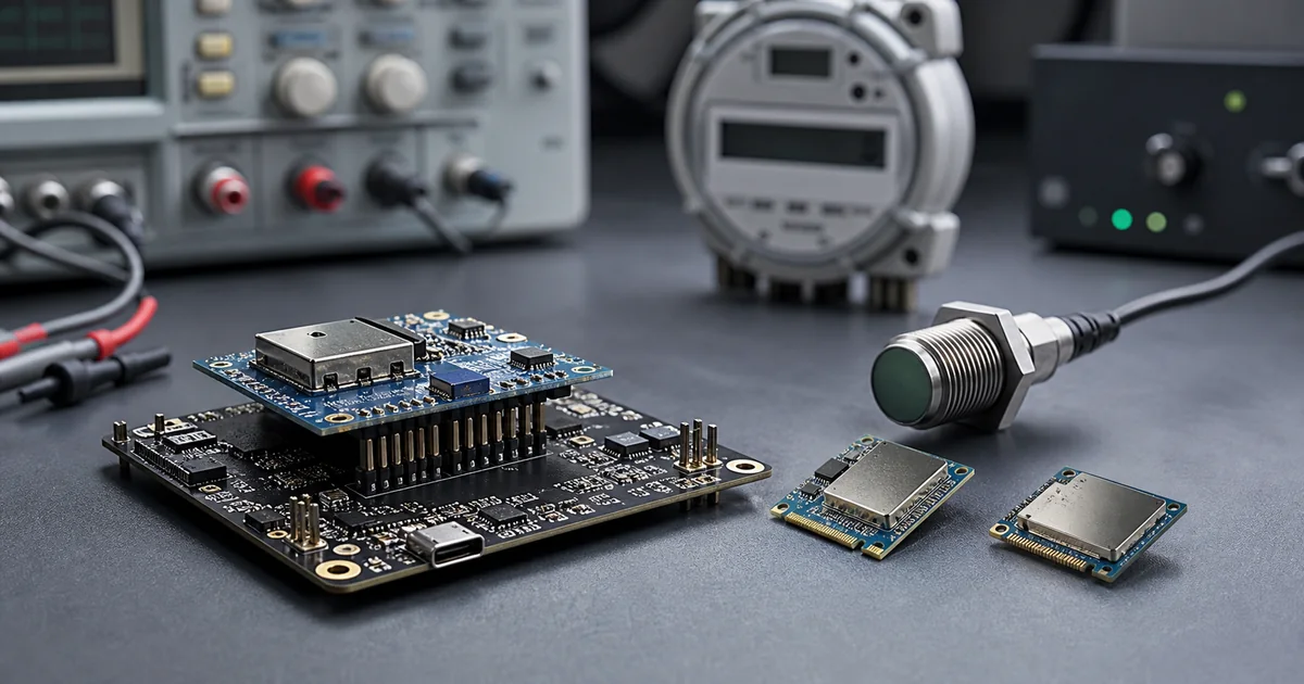 Módulos de conectividade IoT instalados em placa eletrônica de desenvolvimento