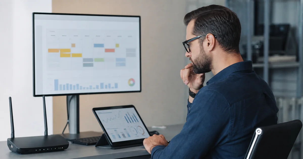 Profissional revisando a manutenção periódica de um certificado de produto de telecomunicações