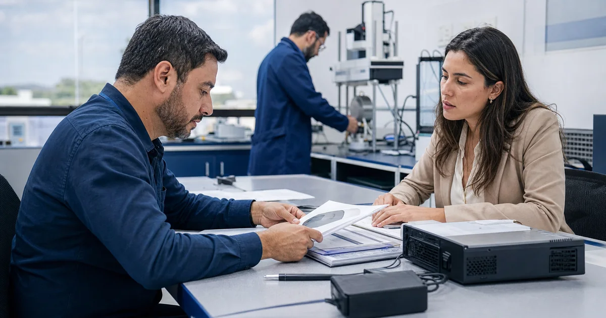 Estações de trabalho separadas representando diferentes papéis na certificação de produtos