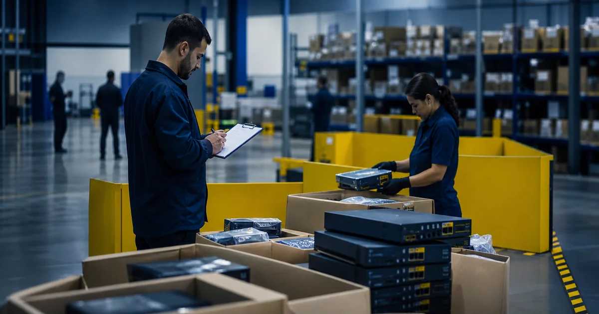 Equipe técnica separando equipamentos de telecomunicações para procedimento de recall