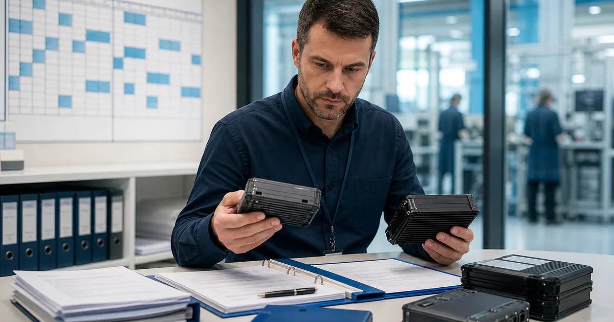 Equipe revisando documentação para recertificação INMETRO de produto