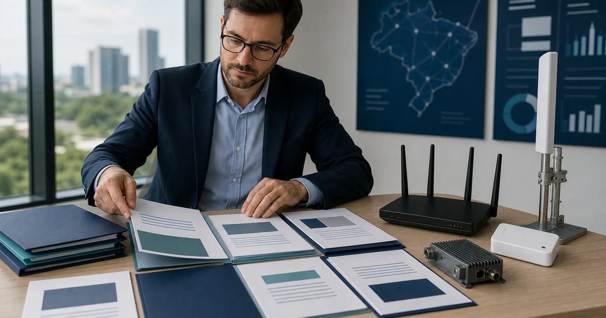 Profissional organizando documentos regulatórios ao lado de equipamentos de telecomunicações