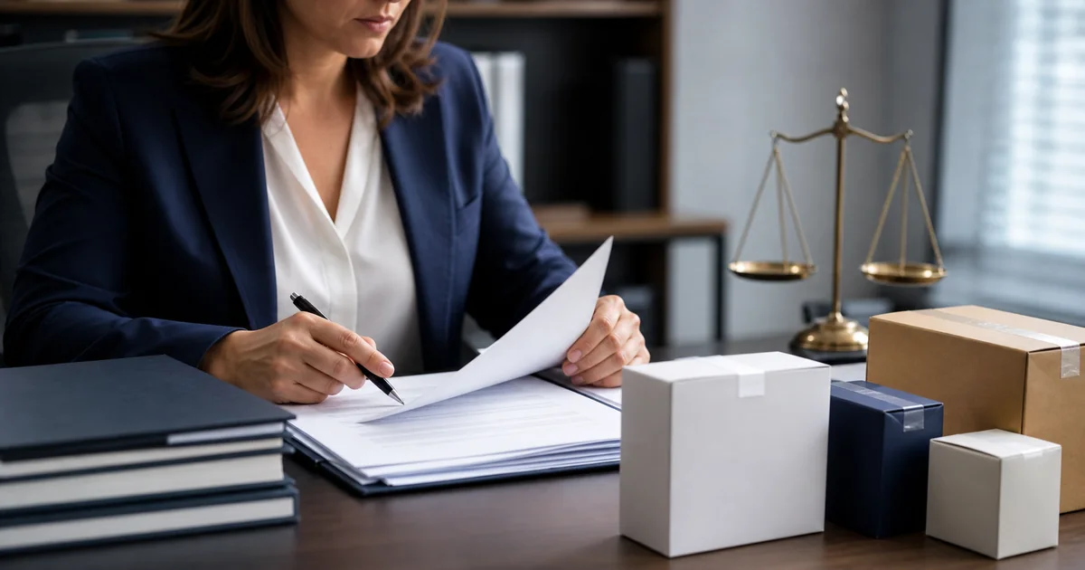 Profissional revisando processo administrativo junto a produtos genéricos e balança da justiça