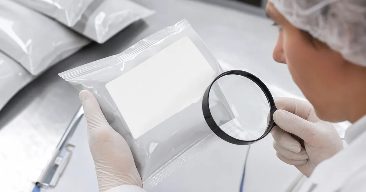 Profissional verificando área de identificação da conformidade em embalagem de produto