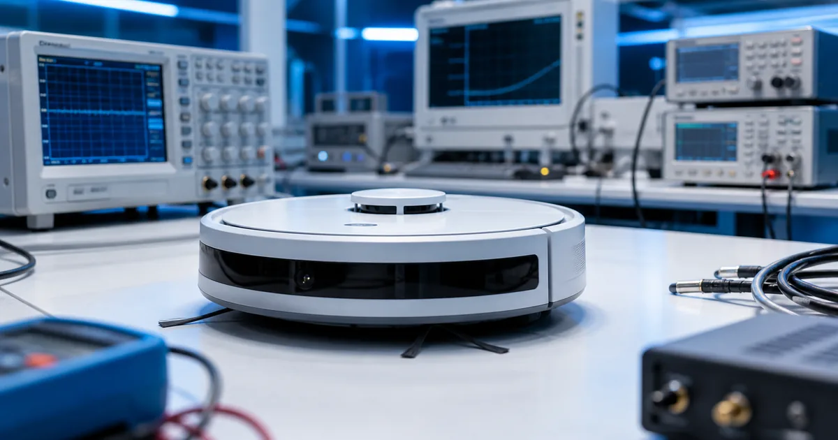 Aspirador robô em laboratório de segurança elétrica e radiofrequência