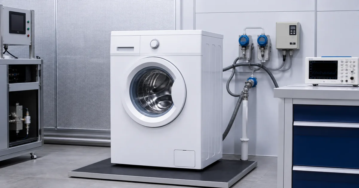 Máquina de lavar roupas em laboratório de consumo de água e energia