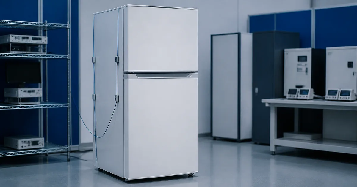 Refrigerador em laboratório de ensaios de desempenho e consumo energético