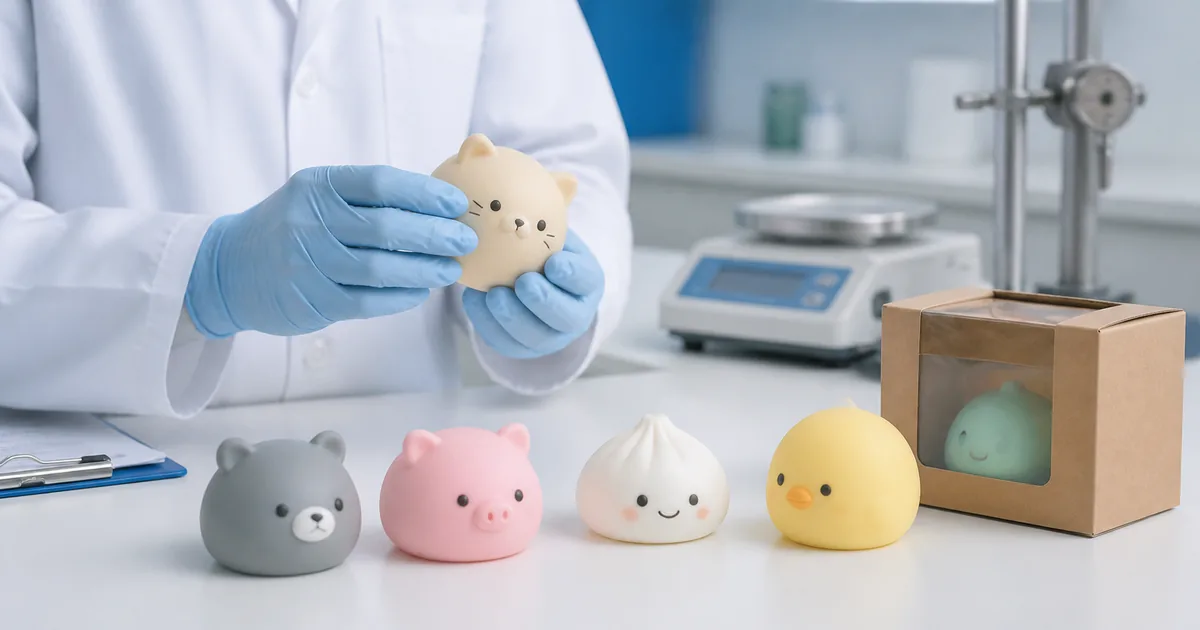 Squishies coloridos em bancada de avaliação de brinquedos