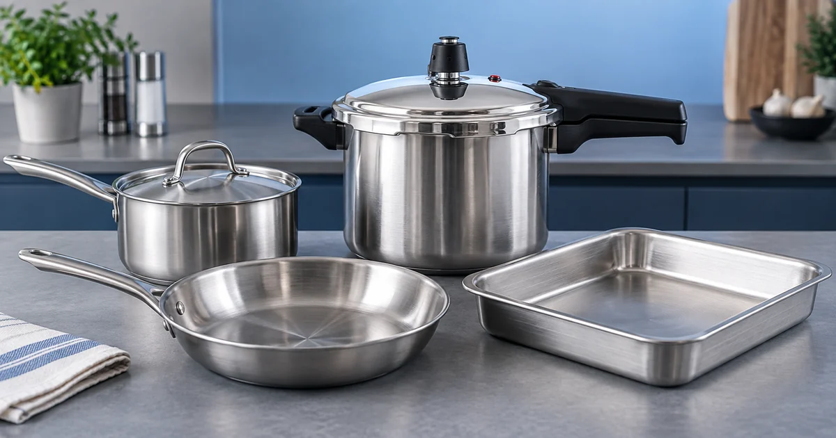 Panela de pressão ao lado de outros utensílios metálicos de cozinha